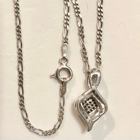 🌹🍃New Sparkling Diamond Cluster Sterling Silver Figaro Link Pendant Necklace🍃🌹 - Picture 6 of 9